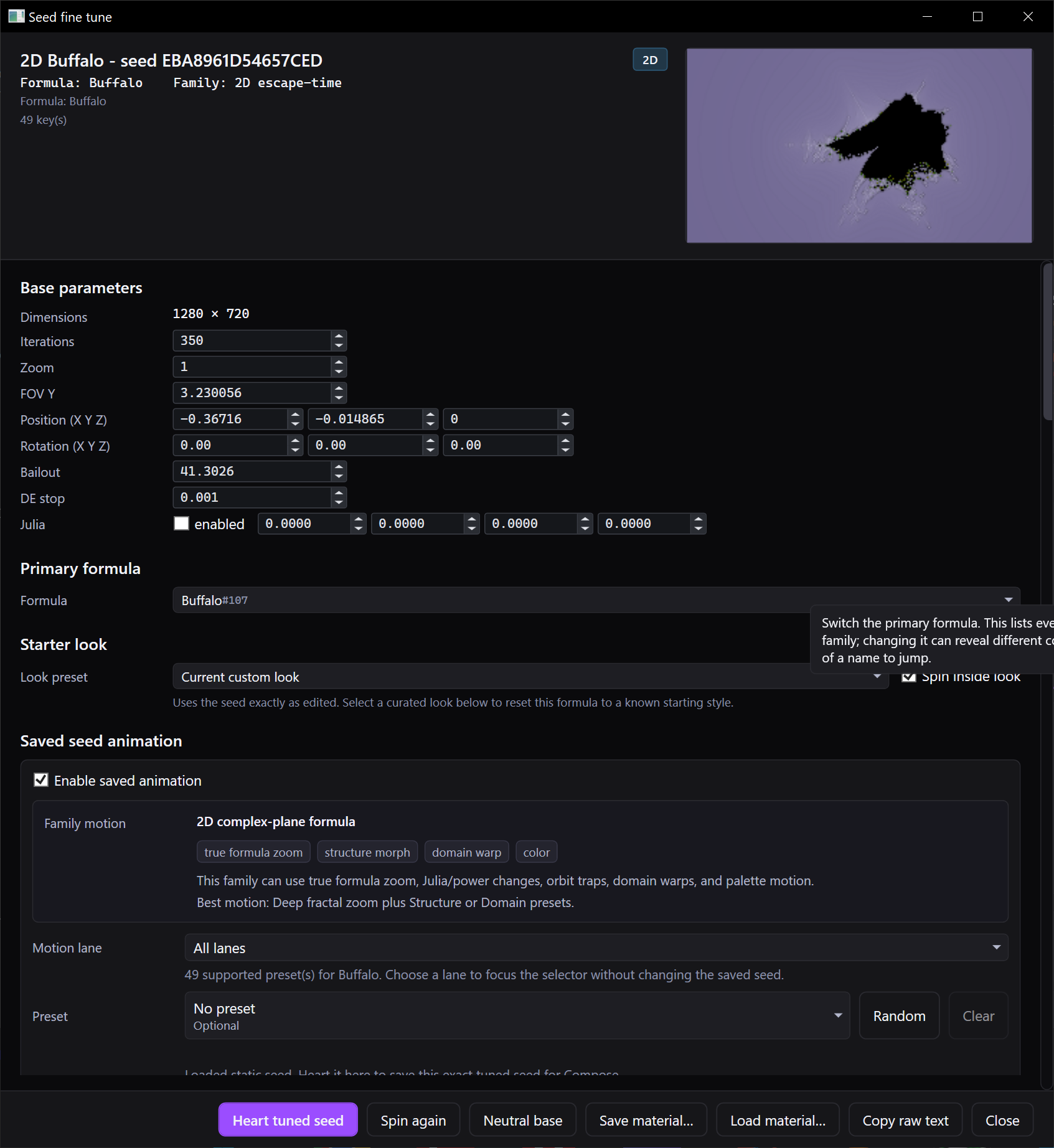 Seed fine tune: base parameters and preview.
