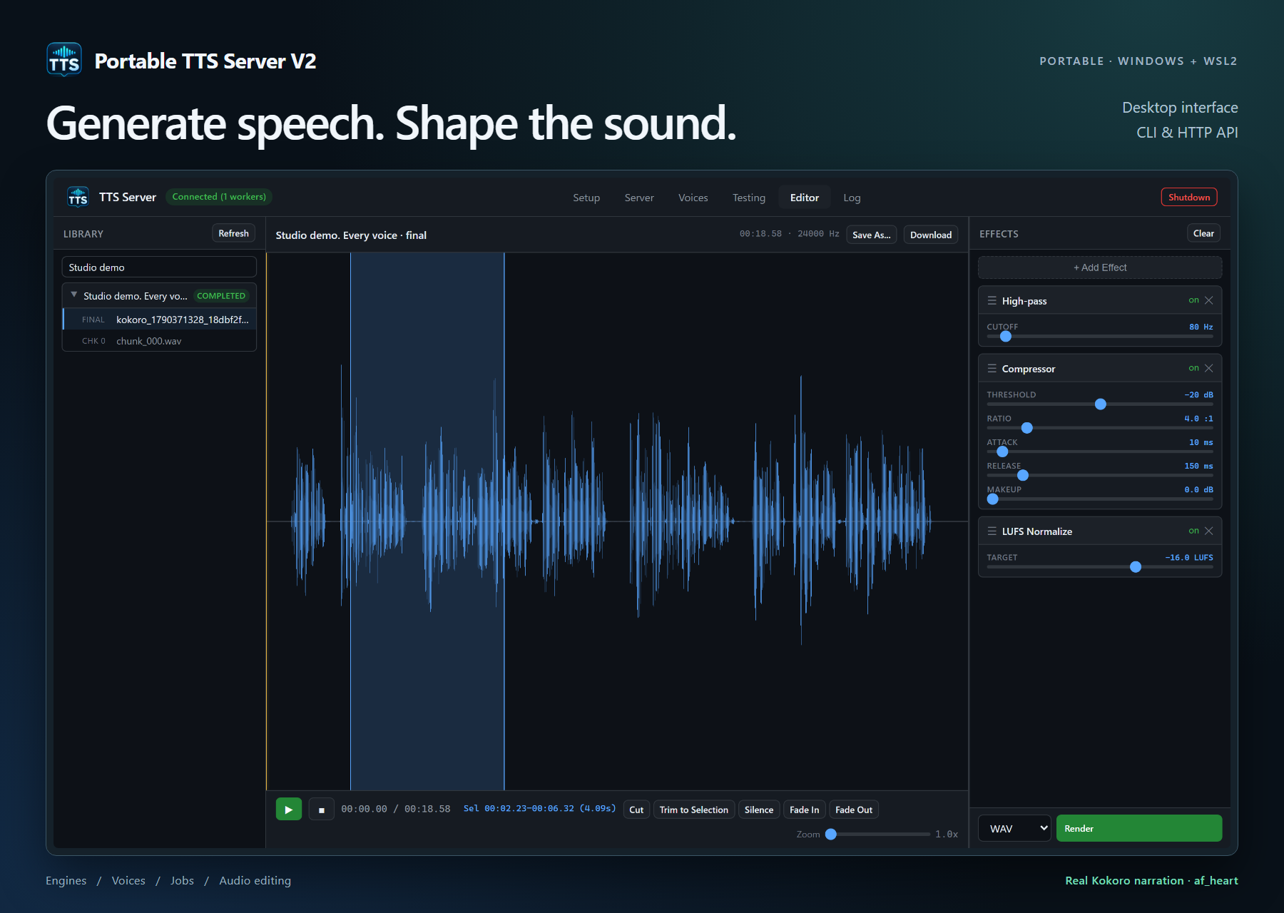 Portable TTS Server V2 with a real Kokoro narration in the Editor