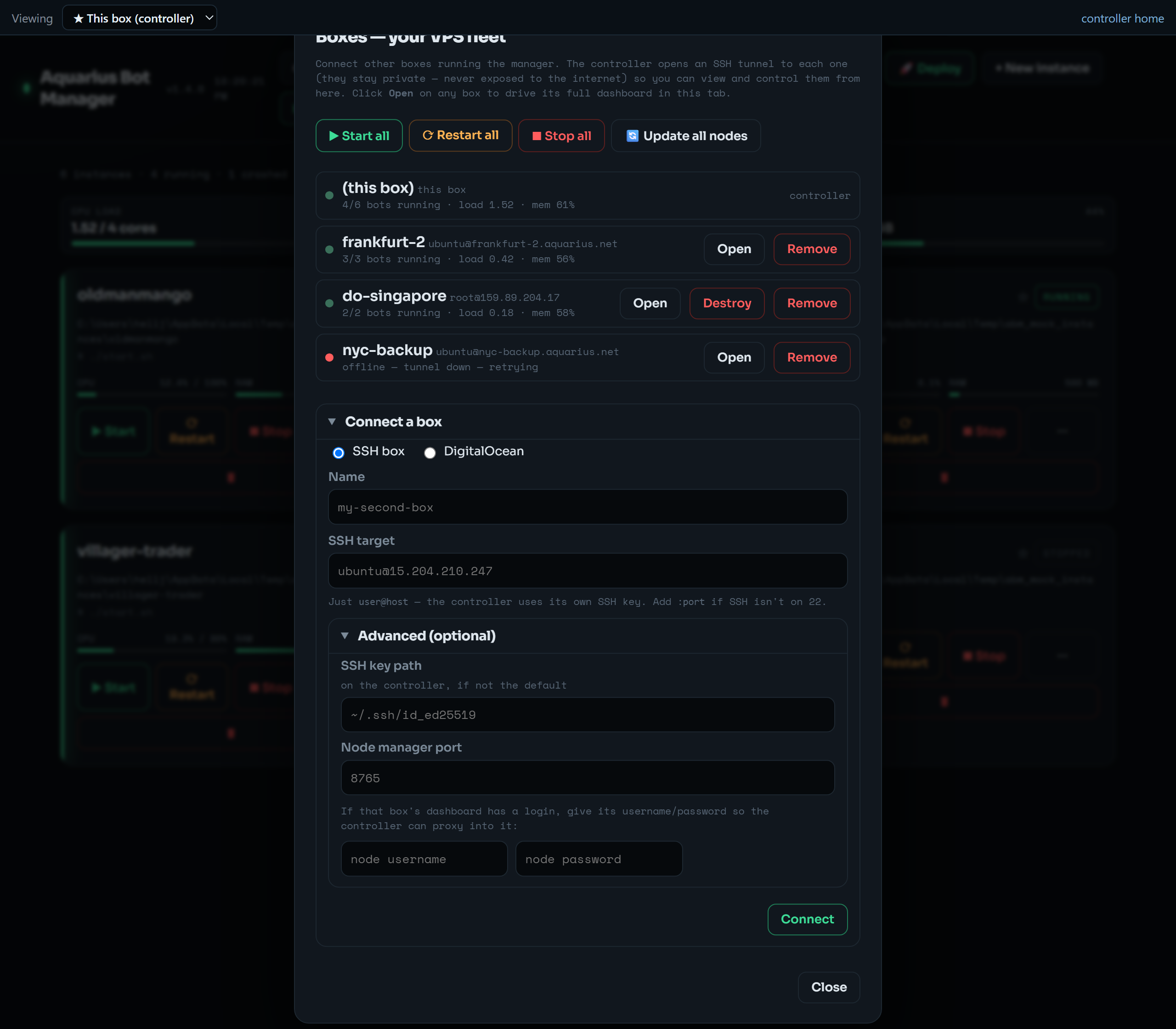 Boxes panel — Fleet view + connect a box