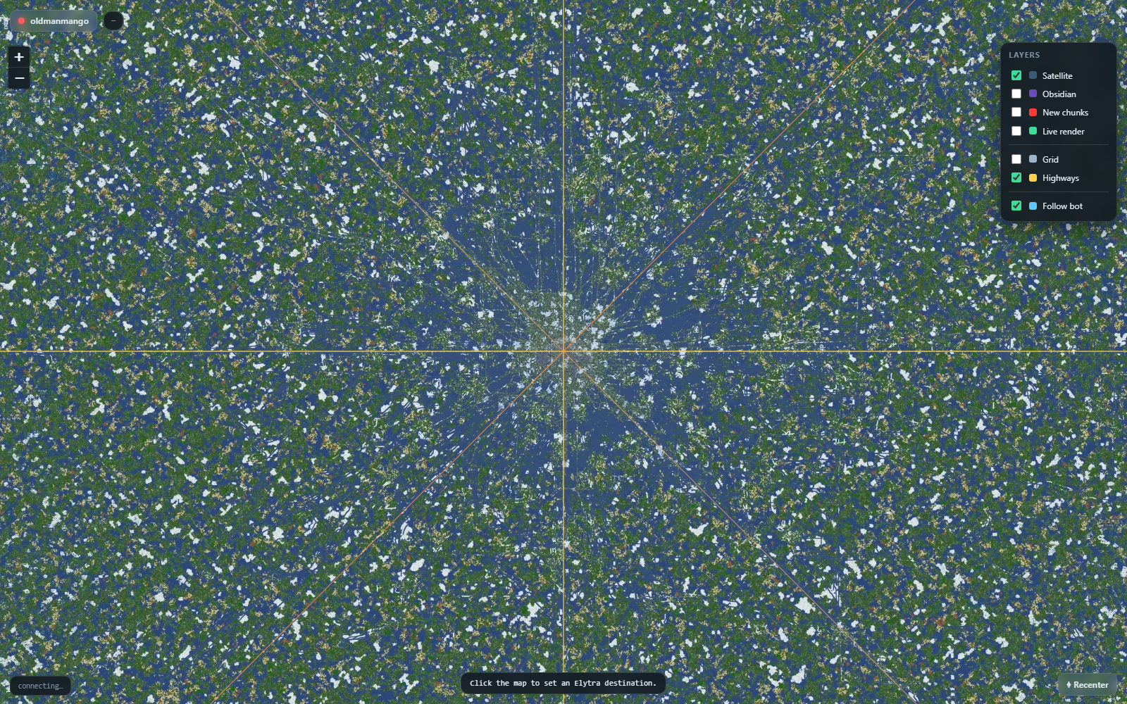 Fullscreen satellite map — spawn region with highway overlay