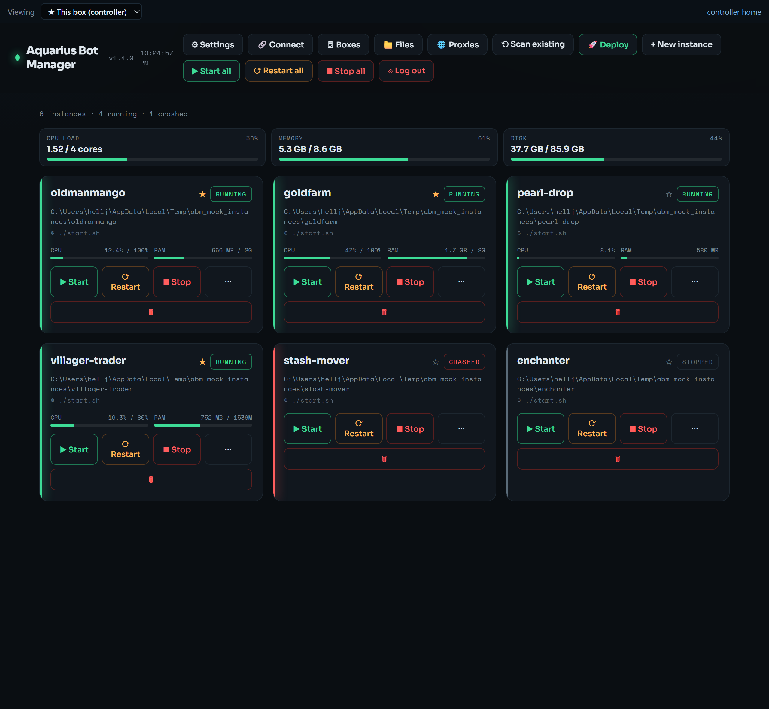 Aquarius Bot Manager dashboard