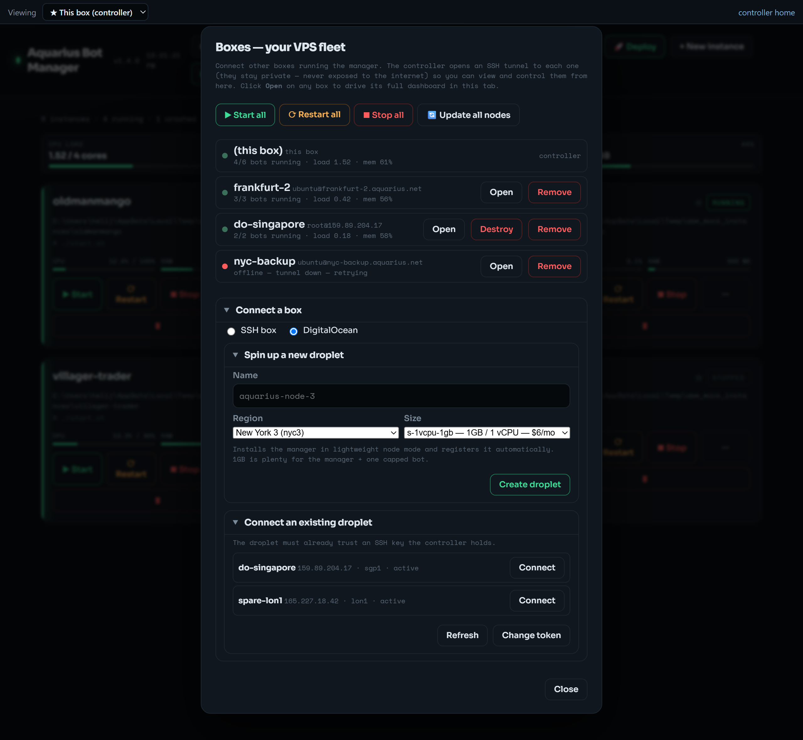 Boxes → DigitalOcean — connect existing droplets or provision a new node