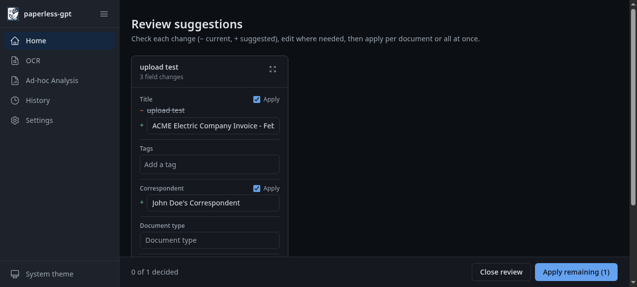 Paperless-GPT suggesting titles and tags for a document