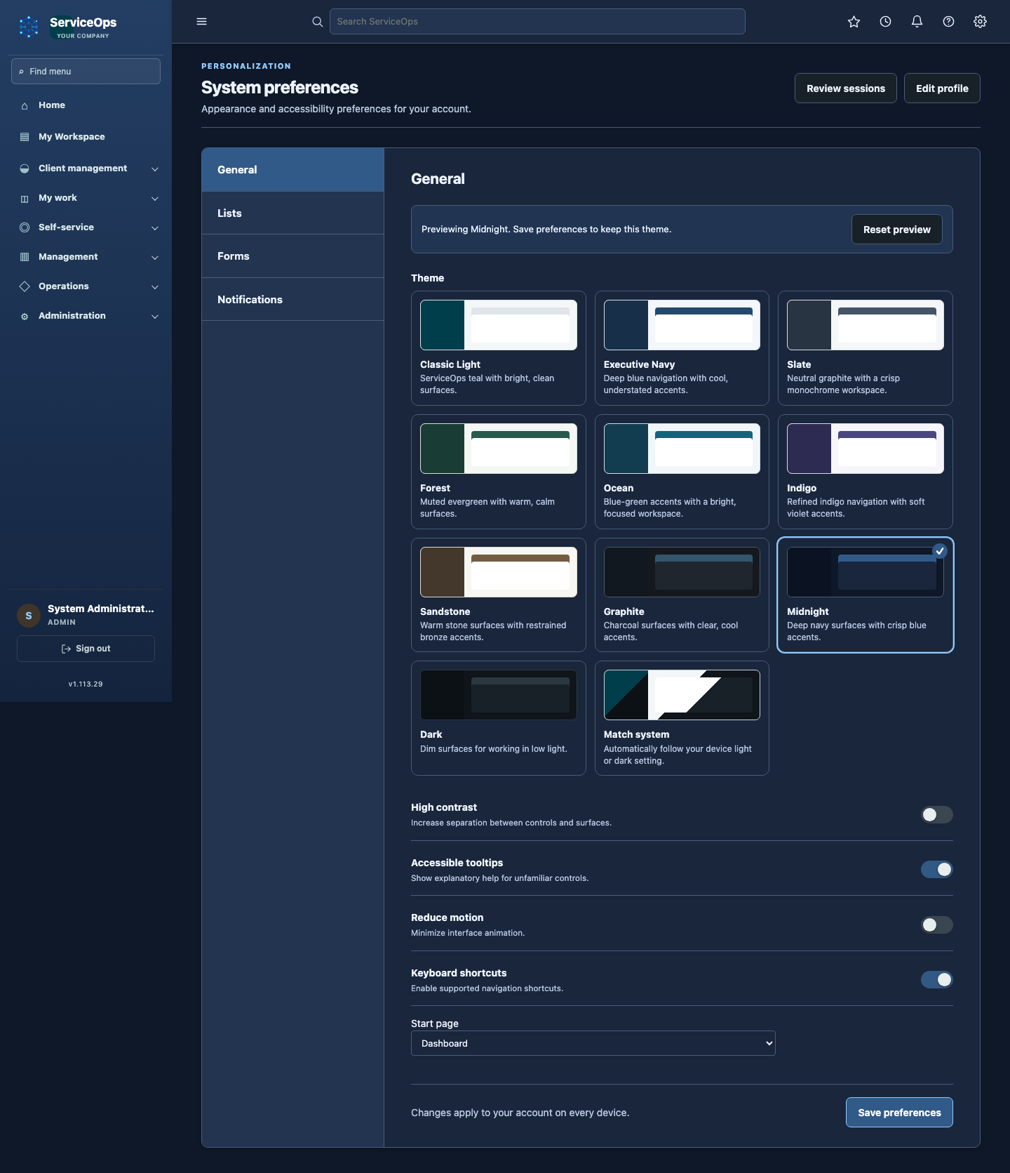 Live Midnight theme preview, verified in a desktop browser with an isolated test account