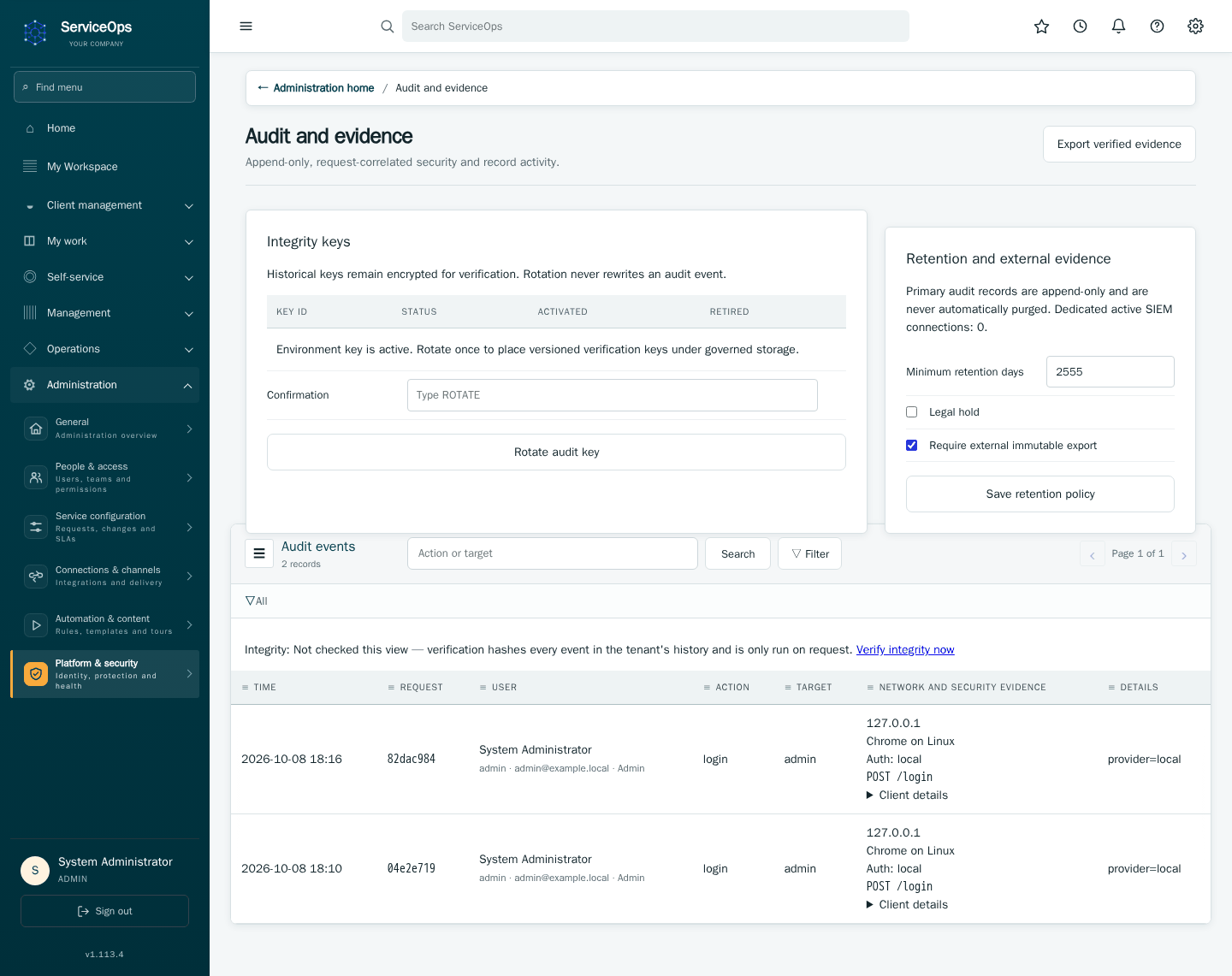 The audit log: a chronological, tamper-evident table of every recorded action across the tenant — actor, action, target and timestamp.