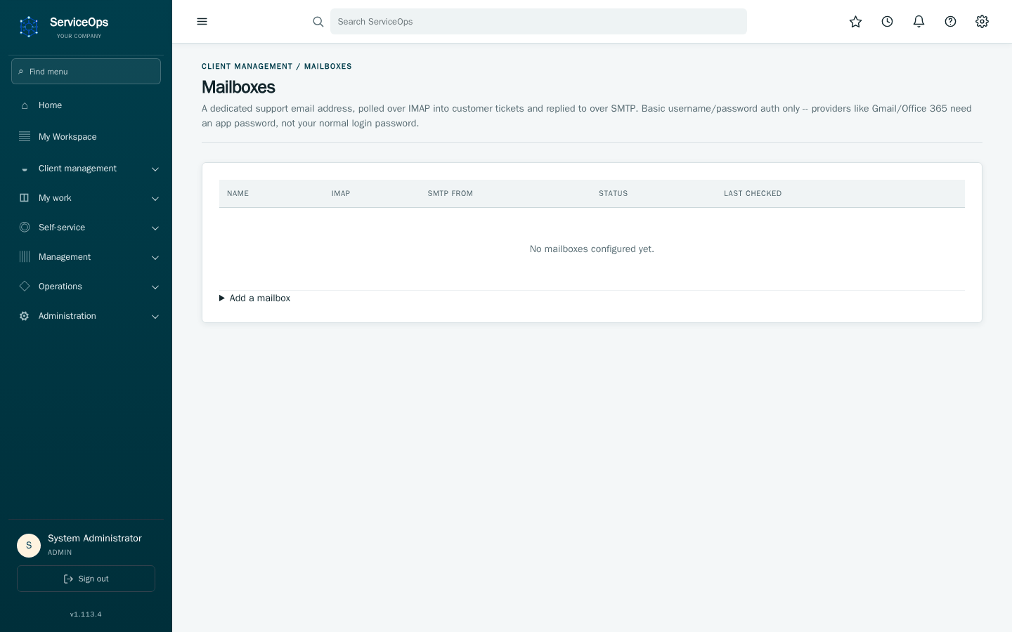 Client support mailbox administration: a list of configured IMAP/SMTP-polled inboxes with active/inactive toggles, and the mailbox-creation form.
