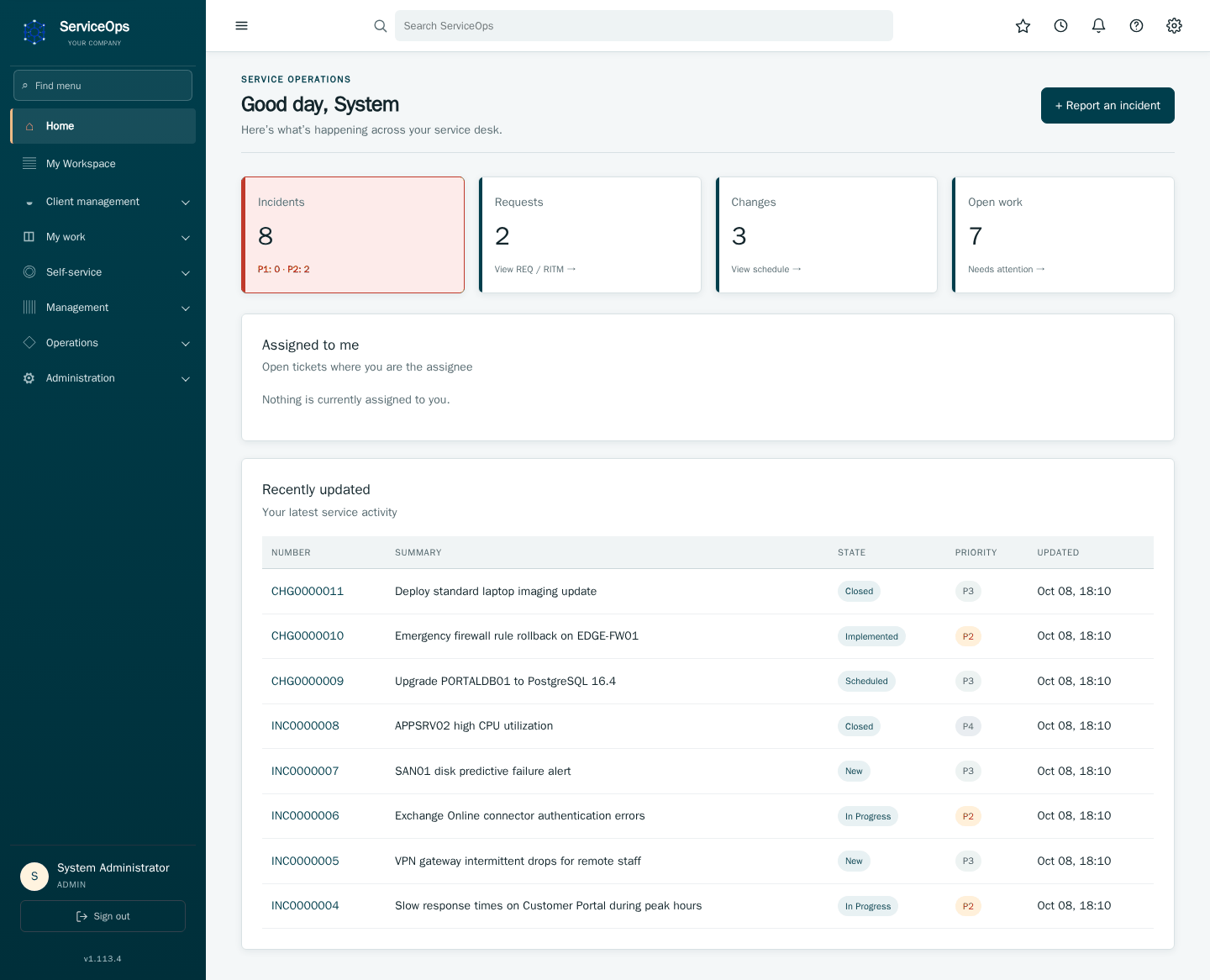 The ServiceOps dashboard: stat tiles for Incidents, Requests, Changes and Open work across the top, followed by Assigned to me, SLA breached, SLA at risk and Recently updated panels.