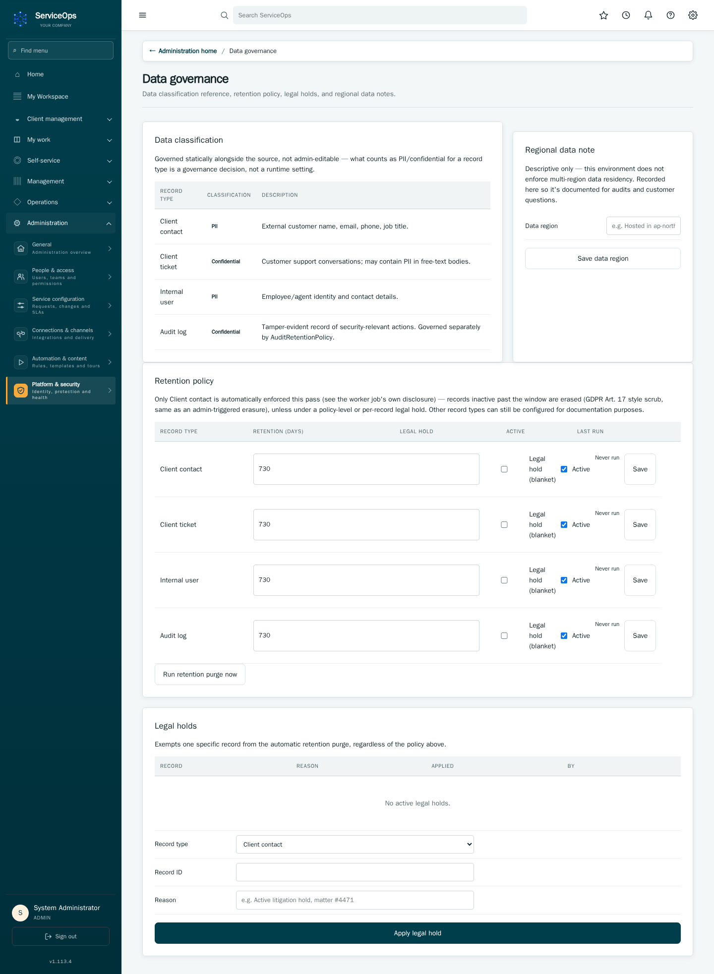 Data governance administration: retention policies, legal holds, and data classification, plus a queue for reviewing GDPR-style export/erasure requests.