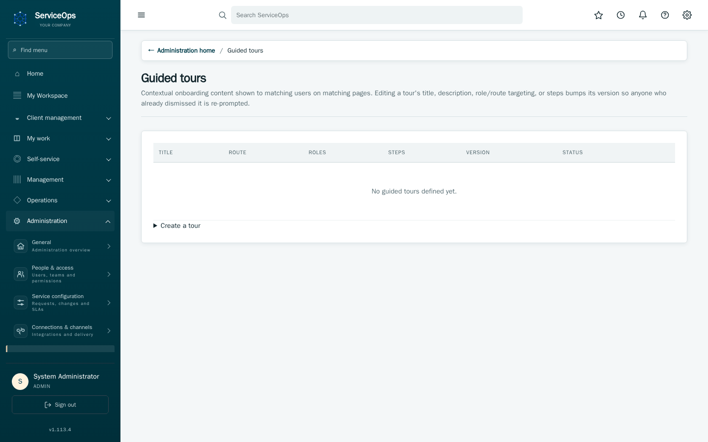 Guided tours administration: a list of admin-authored, versioned tours with ordered steps and role targeting, plus the tour-creation form.