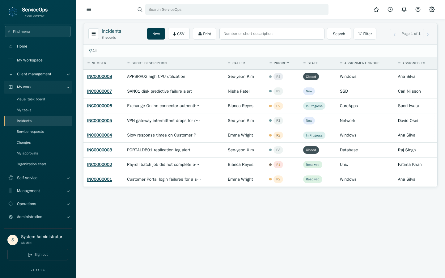 The Incidents list workspace: a searchable, filterable, paginated table with Number, Opened, Short description, Caller, Priority, State, Category, Assignment group, Assigned to and Updated columns.