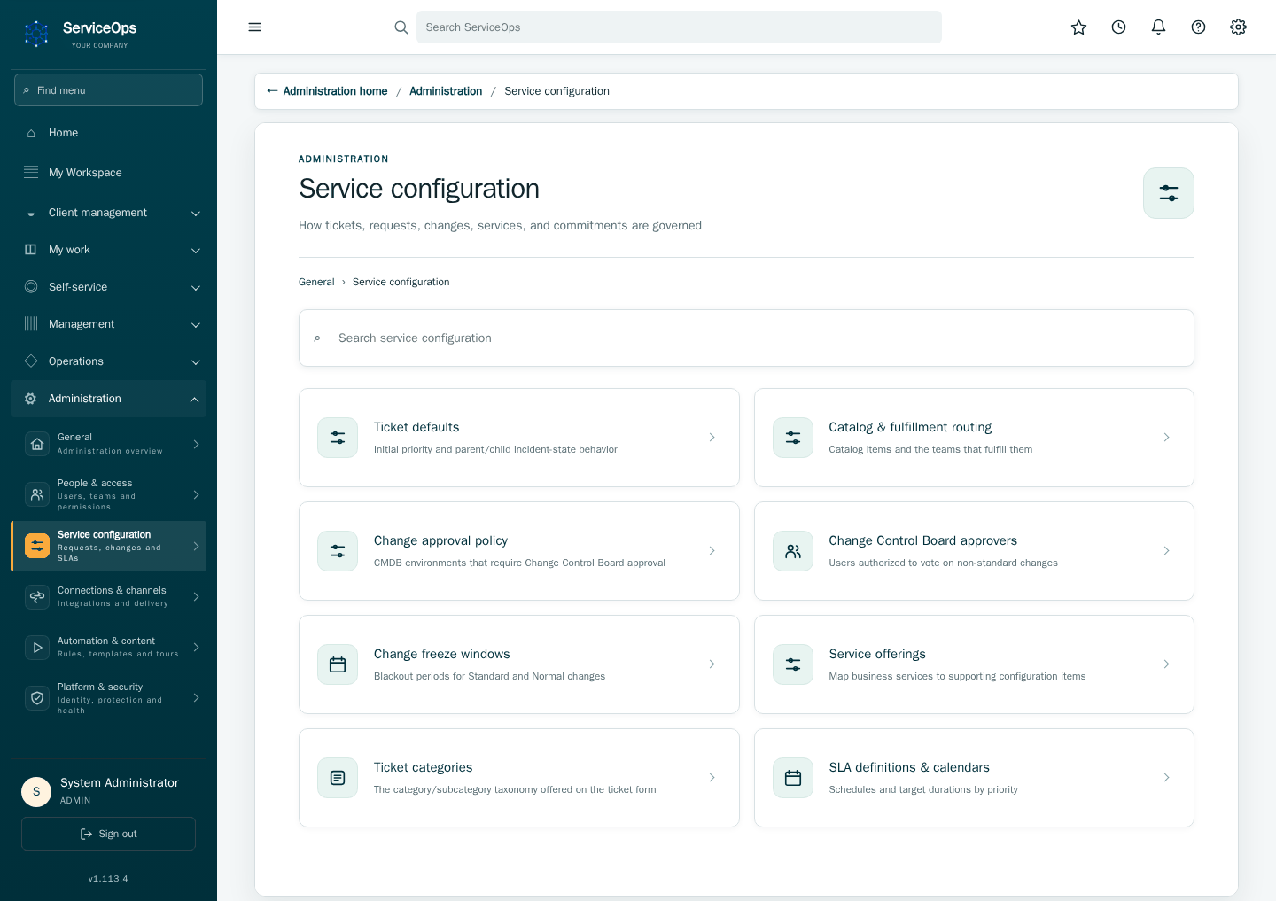 The Service delivery and governance page: operational records for catalog routing, people and teams, change governance, service mapping, calendars, and commitments.