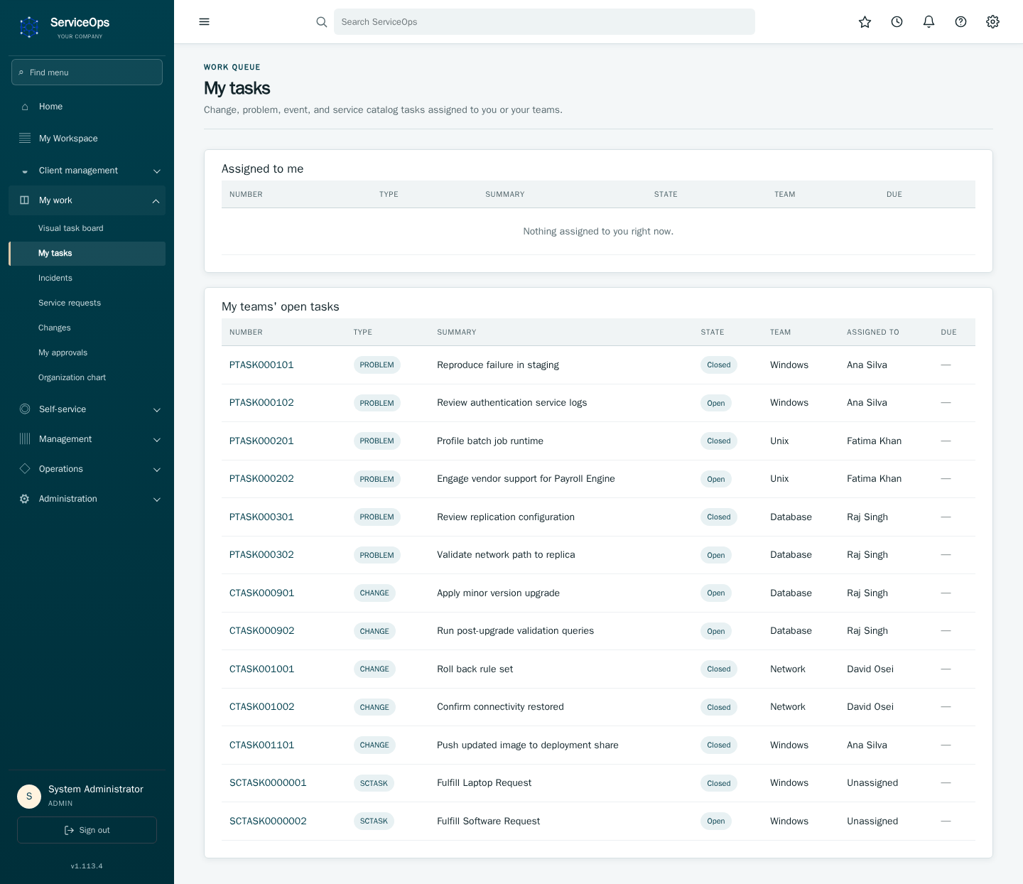 The My tasks page: a queue of operational tasks and catalog fulfillment tasks assigned to the signed-in user, plus a secondary list of unassigned team work.