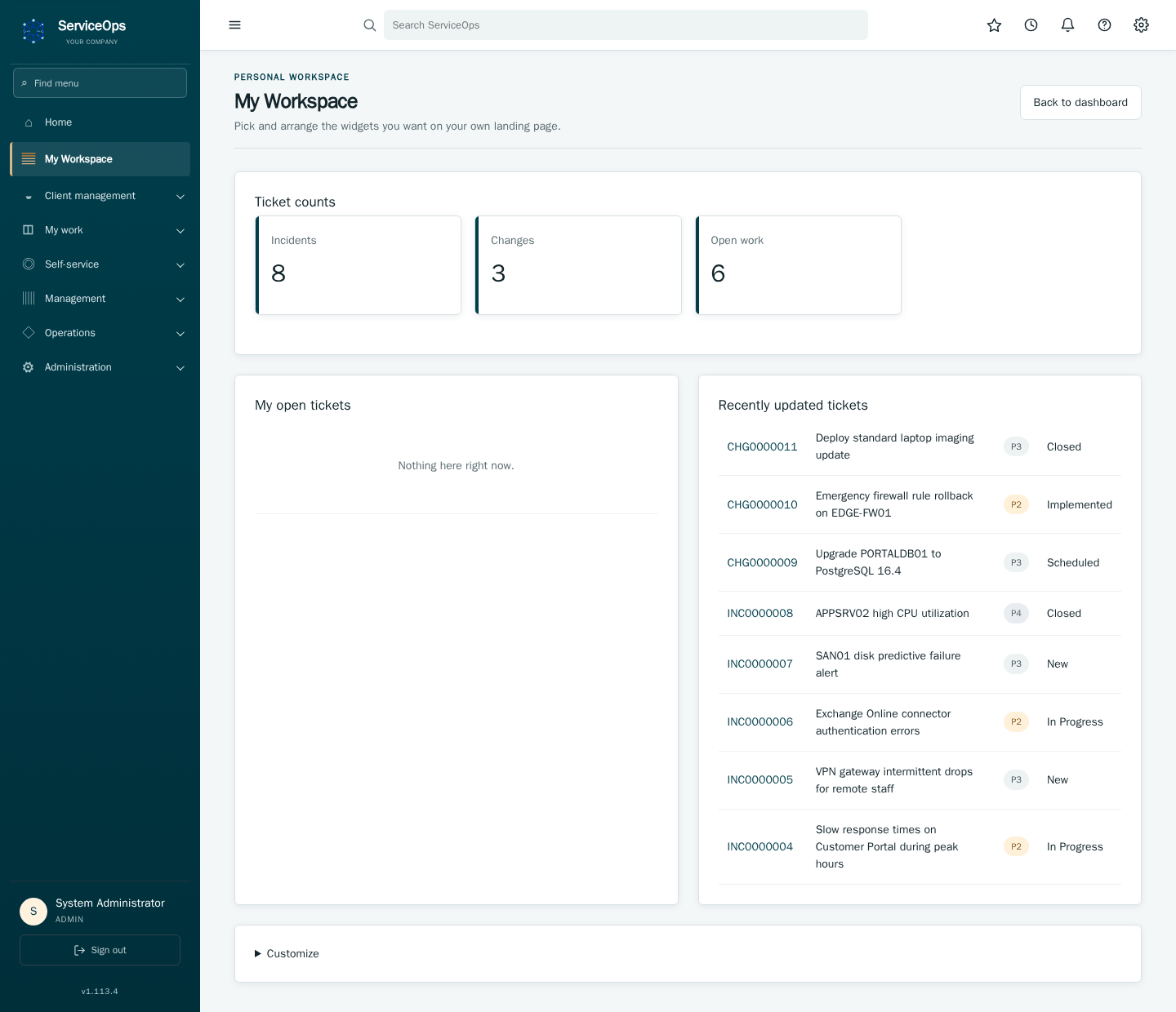 My Workspace: a per-user, drag-configurable landing page built from widgets -- ticket stats, my open tickets, recent tickets, SLA-at-risk, approvals awaiting me, favorites, recently viewed, and notifications.