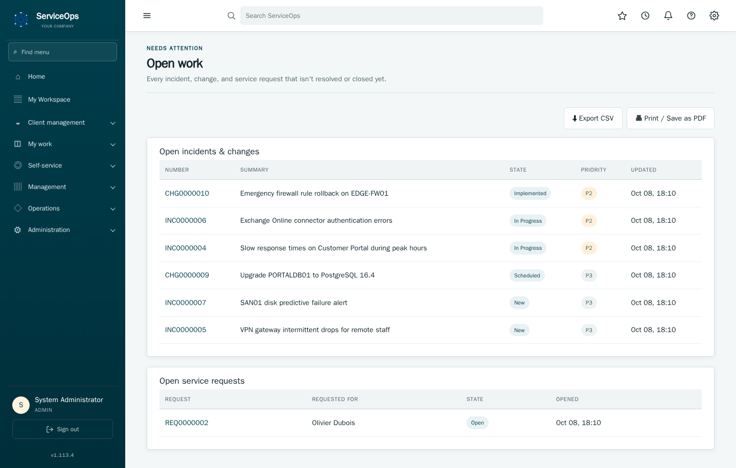 The Open work page: every incident, change and service request across the tenant that isn't resolved or closed yet, in one combined view.