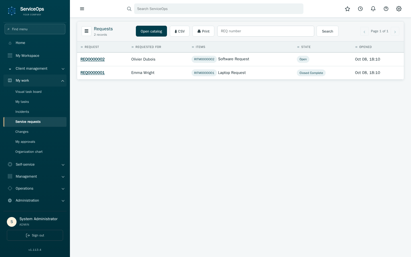 The Requests & RITMs list: REQ-numbered containers with Requested for, Items, State and Opened columns.