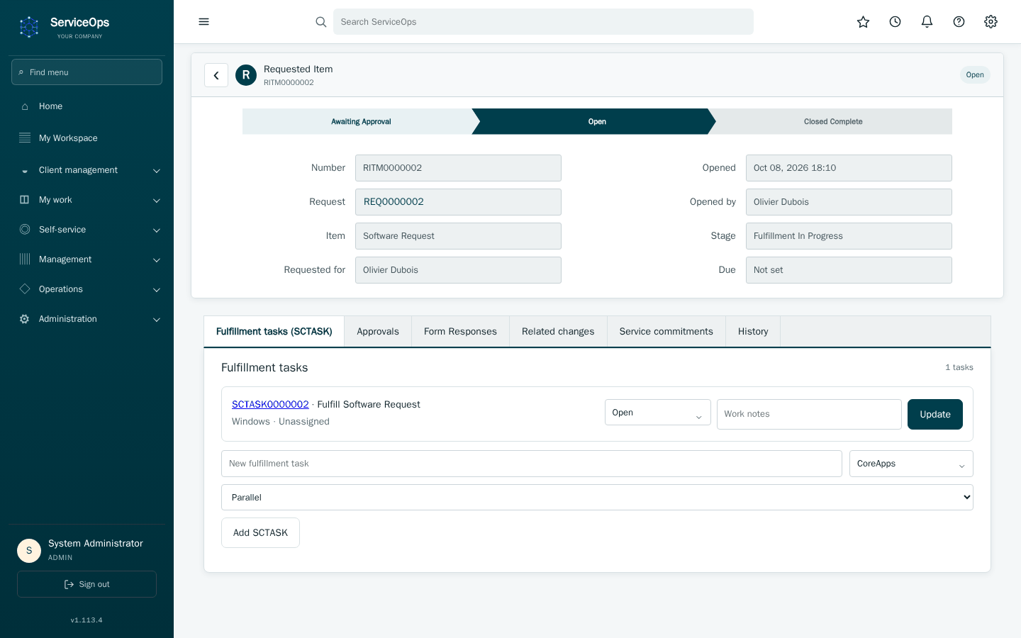 A RITM detail page showing its lifecycle stepper (Awaiting Approval → Open → Closed Complete), Opened/Opened by fields, and a Fulfillment tasks (SCTASK) panel below.