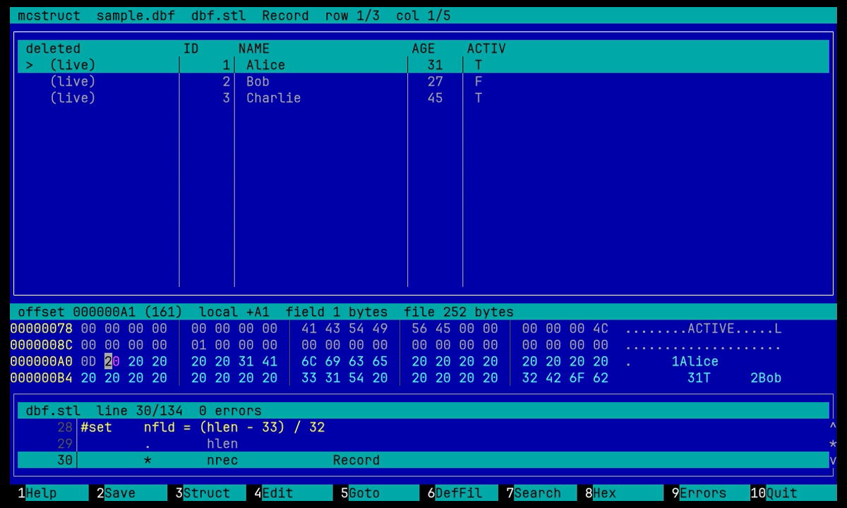 The records of a DBF as a grid, columns named from the field descriptors