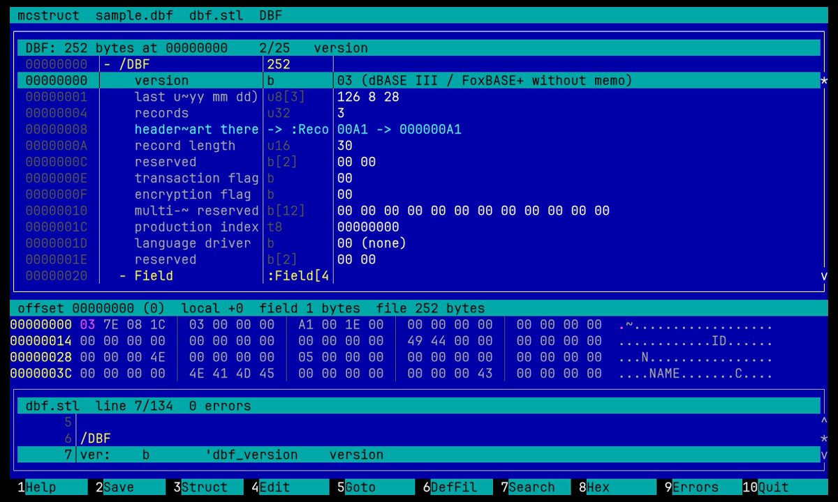 The tree of header fields with the hex dump and the def-file zone