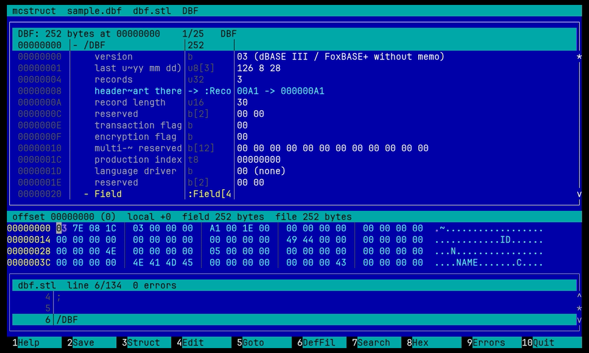 mcstruct on a DBF file: header fields, hex dump and def-file in sync, then the records as a grid