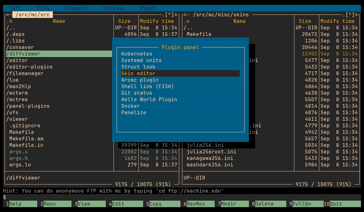 Two panels in the gruvbox256 skin with the Plugin panel list open