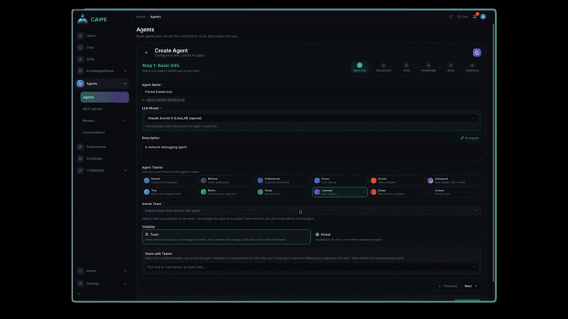 Agent Builder demo showing agent configuration steps