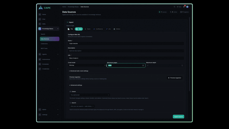 Knowledge Bases demo showing data sources, search, and collections