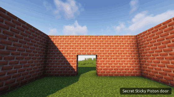 A villager walks through a hidden piston door, which closes and opens again