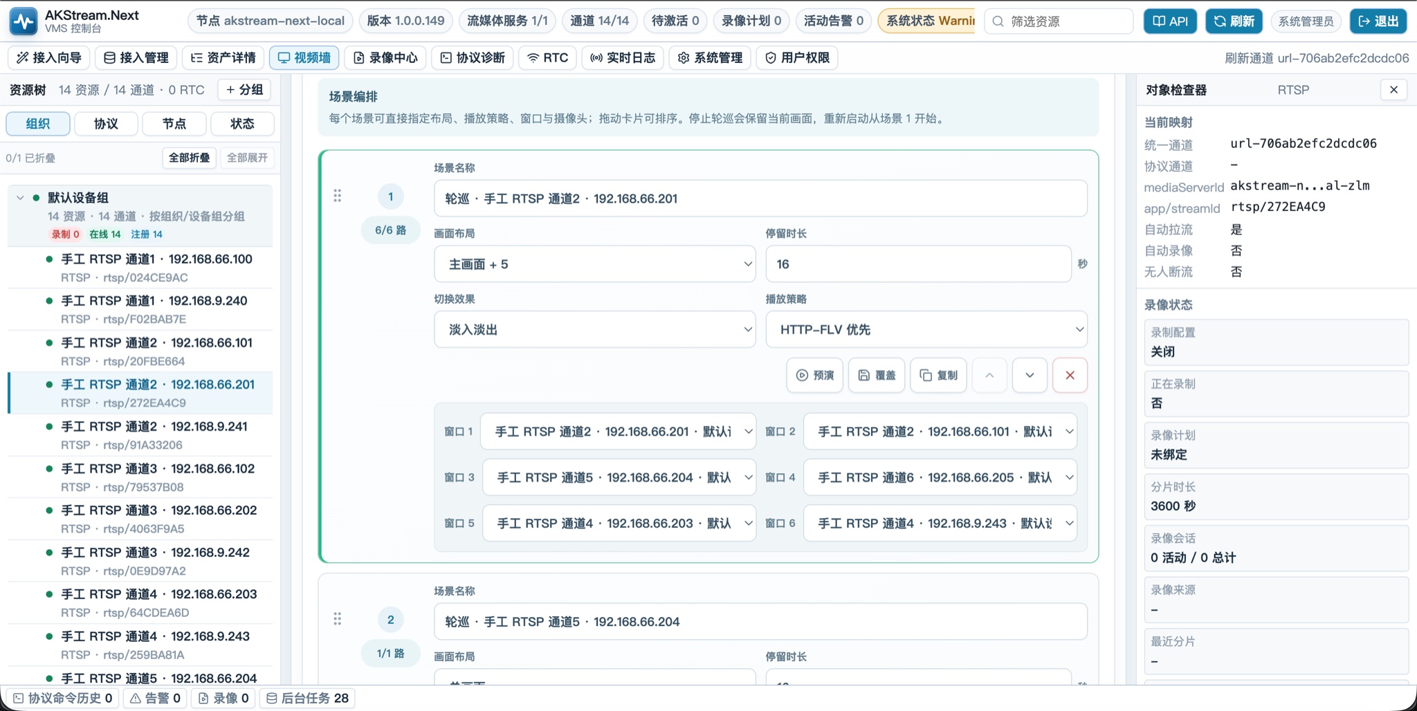 Scene layout, dwell time, transition, strategy, and pane channels