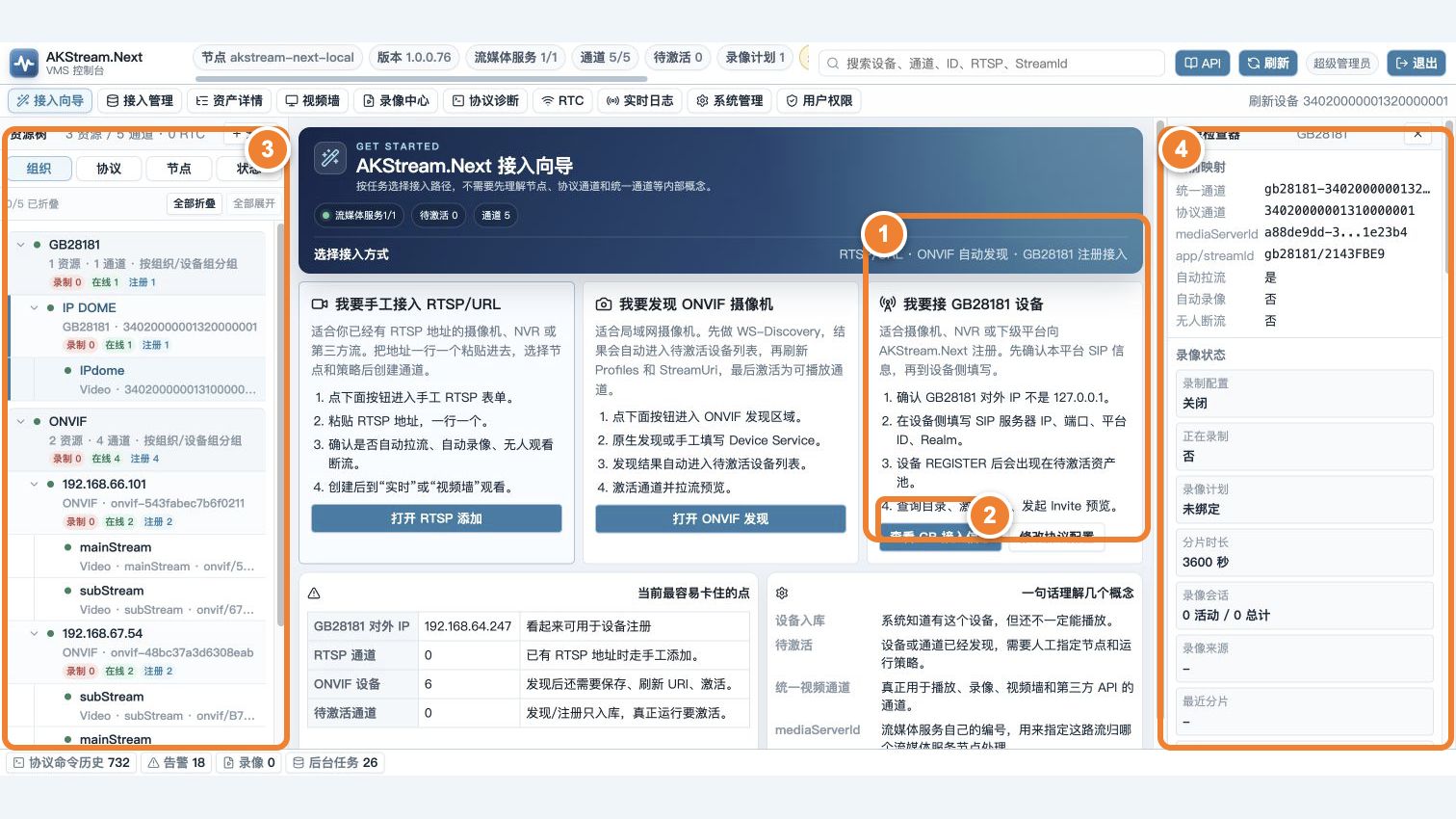 Numbered GB28181 access information, registered resource tree, and inspector
