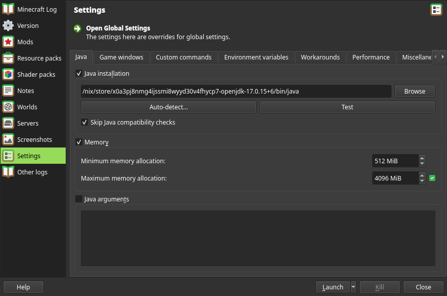 A screenshot of the settings tab of a Prism instance