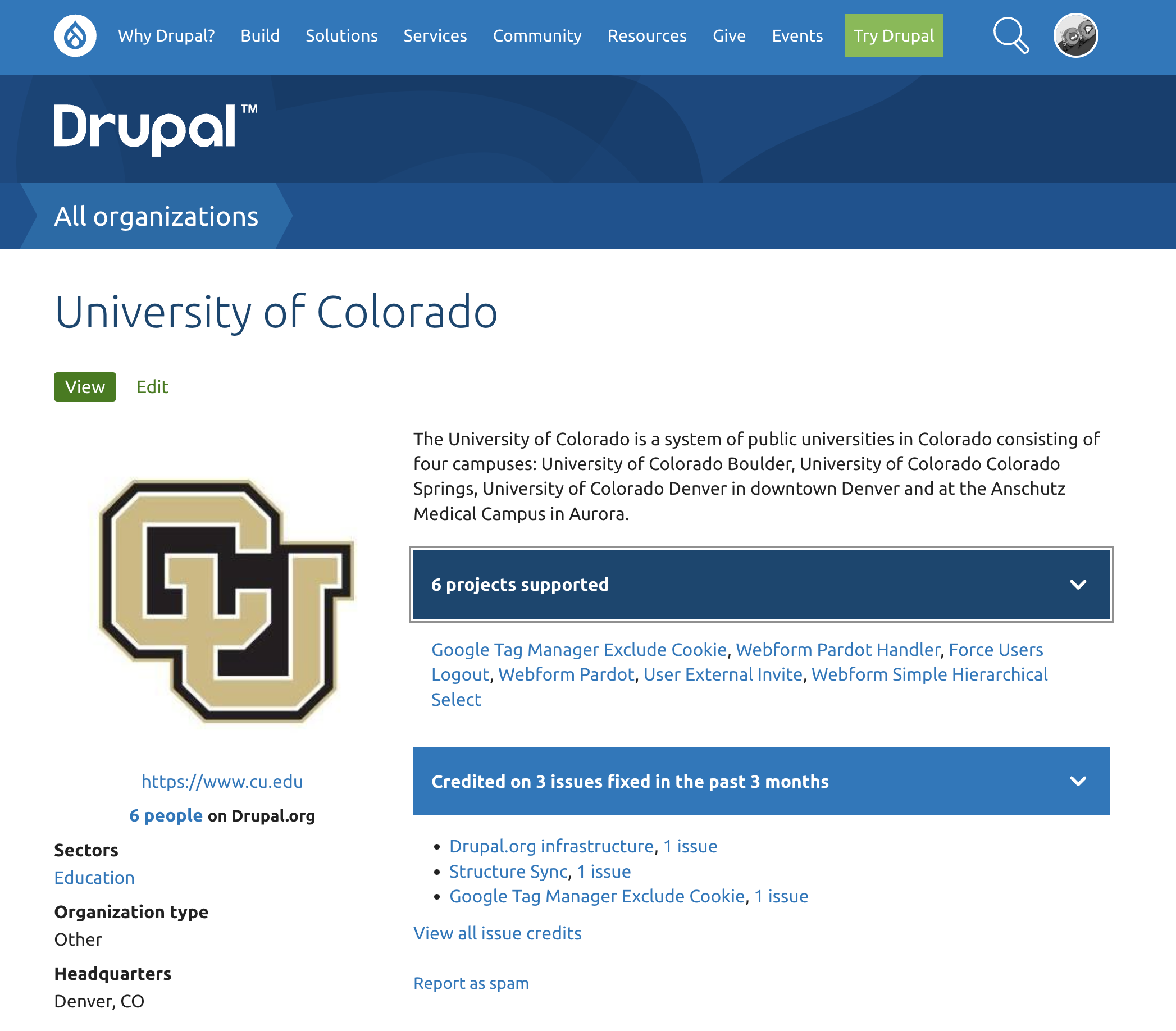 CU Organization Page on Drupal.org showing Project and Issue credits generated by contributing back to the Drupal CMS project