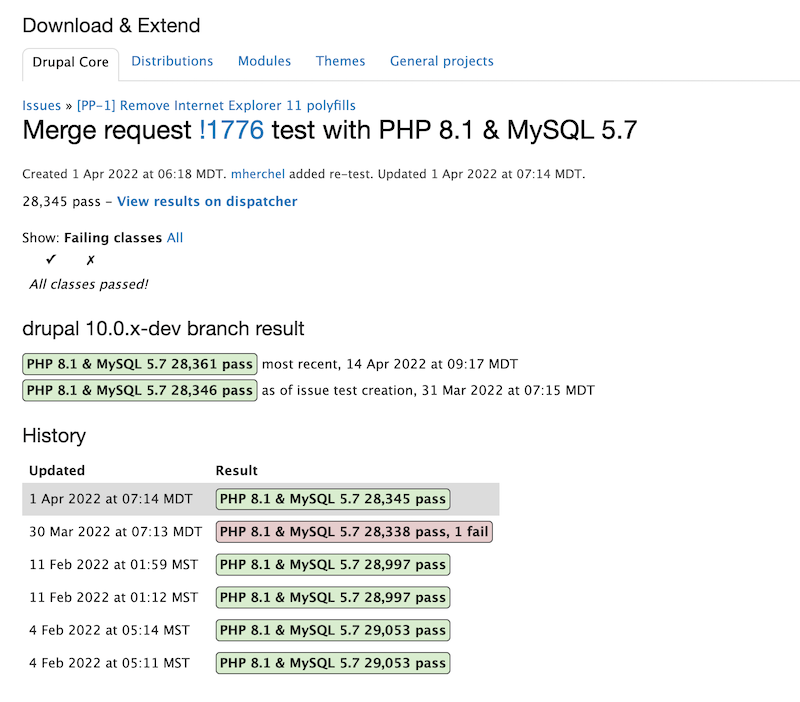 UI from Drupal.org Automated Testing showing test passing and failing