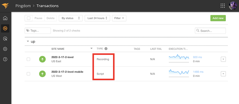 Pingdom UI showing 2 monitors. One Recording and one Script.