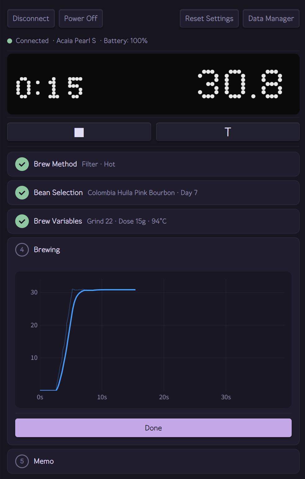 Live brewing step with timer, weight readout, and weight-over-time chart