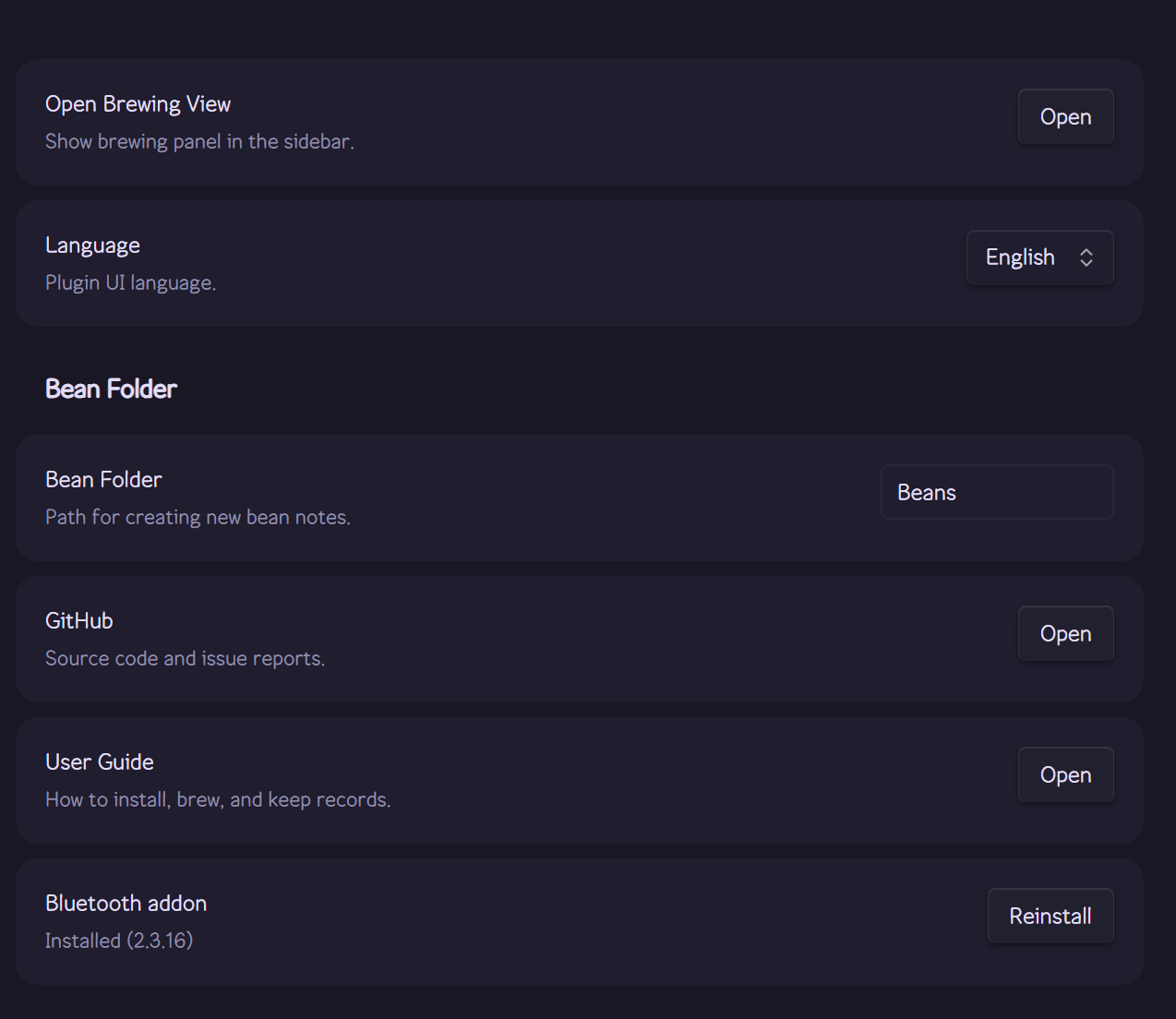 CubicJ Brewing settings with Bean Folder, Language, and Bluetooth addon controls