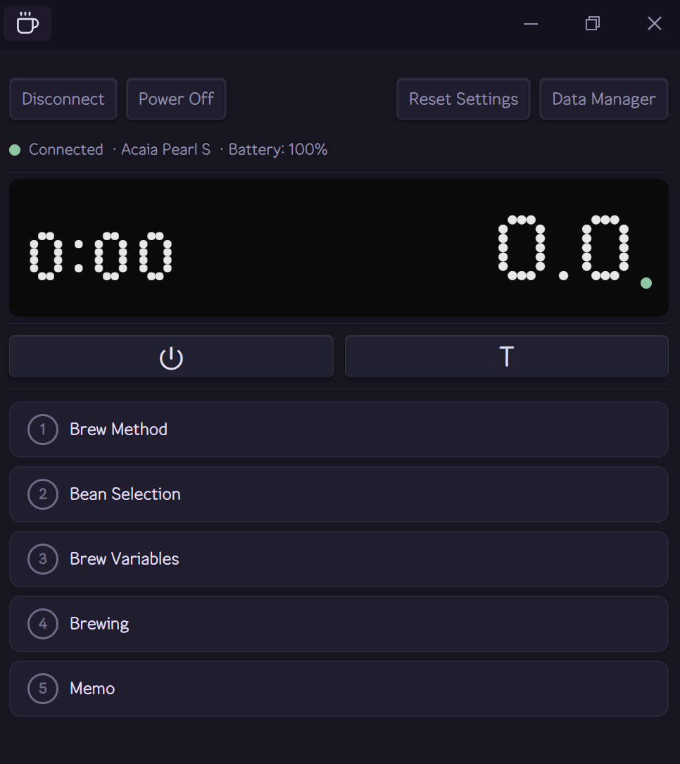 Brewing sidebar showing a connected Pearl S and live weight