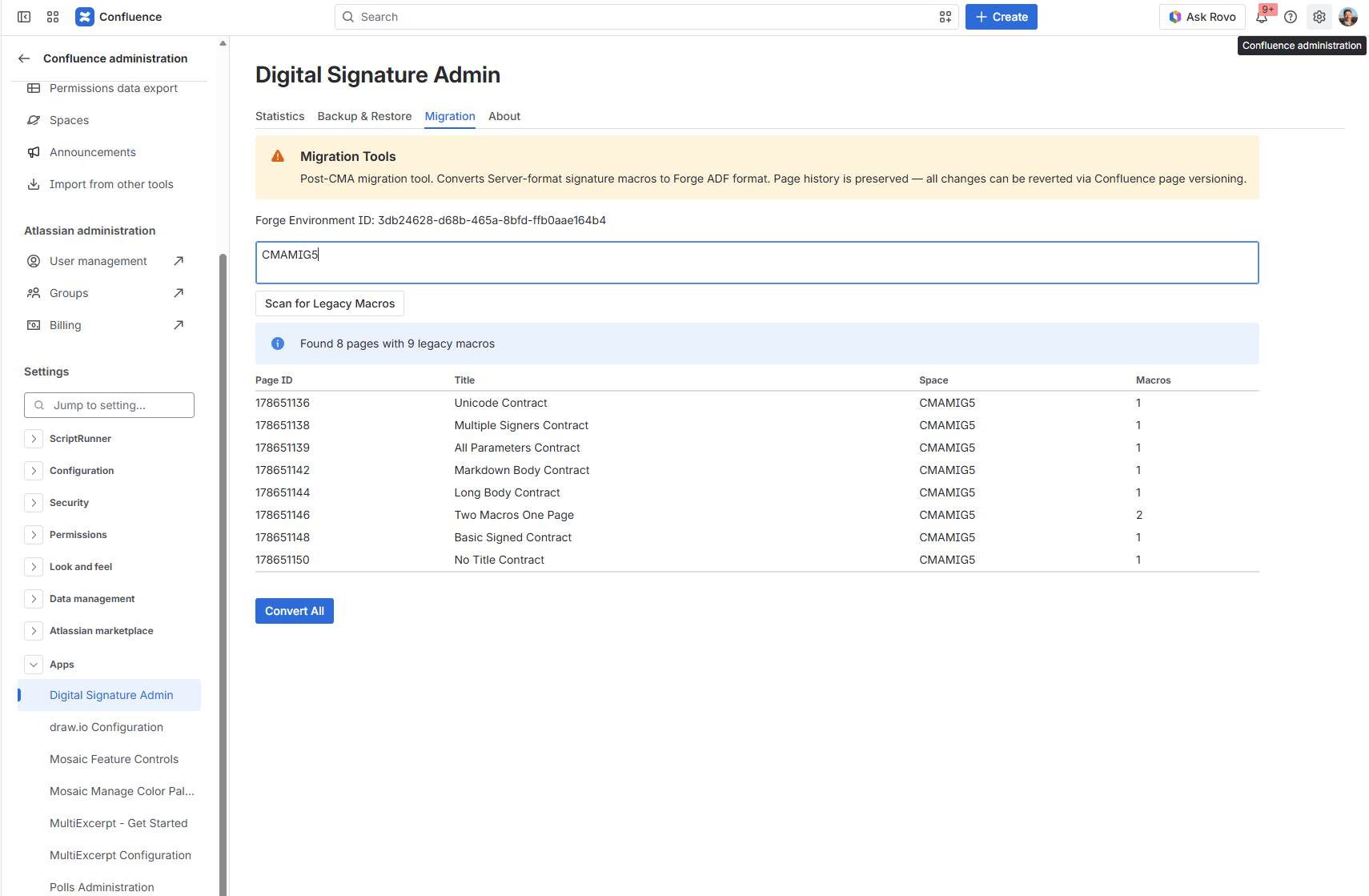 Confluence admin: Digital Signature Admin → Migration tab