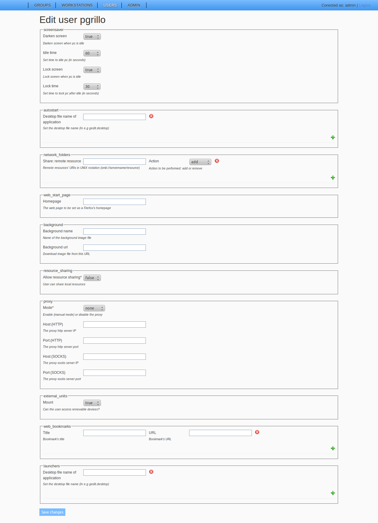 Pantalla de configuración de preferencias de usuario.