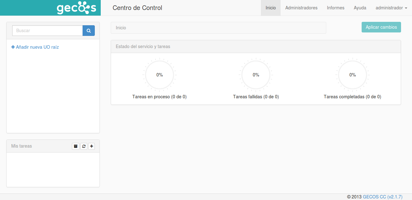 Interfaz de GECOS Centro de Control recién instalado.