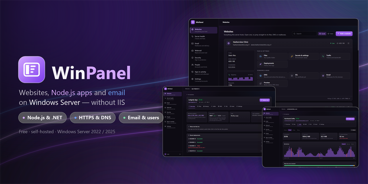 WinPanel - a free control panel for hosting websites, Node.js apps and email on Windows Server