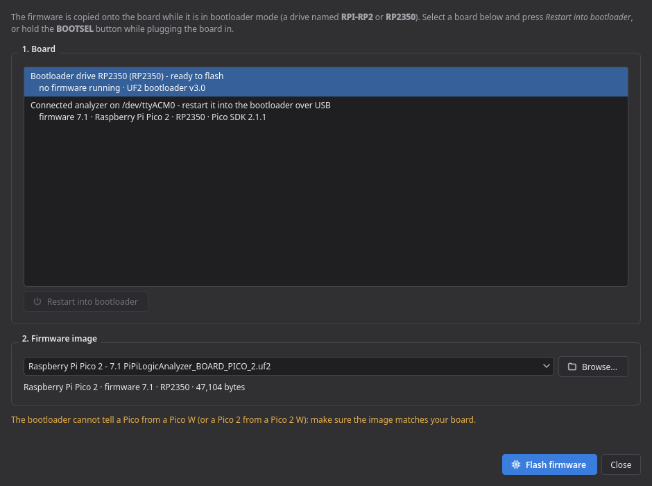 The firmware dialog with a board in bootloader mode