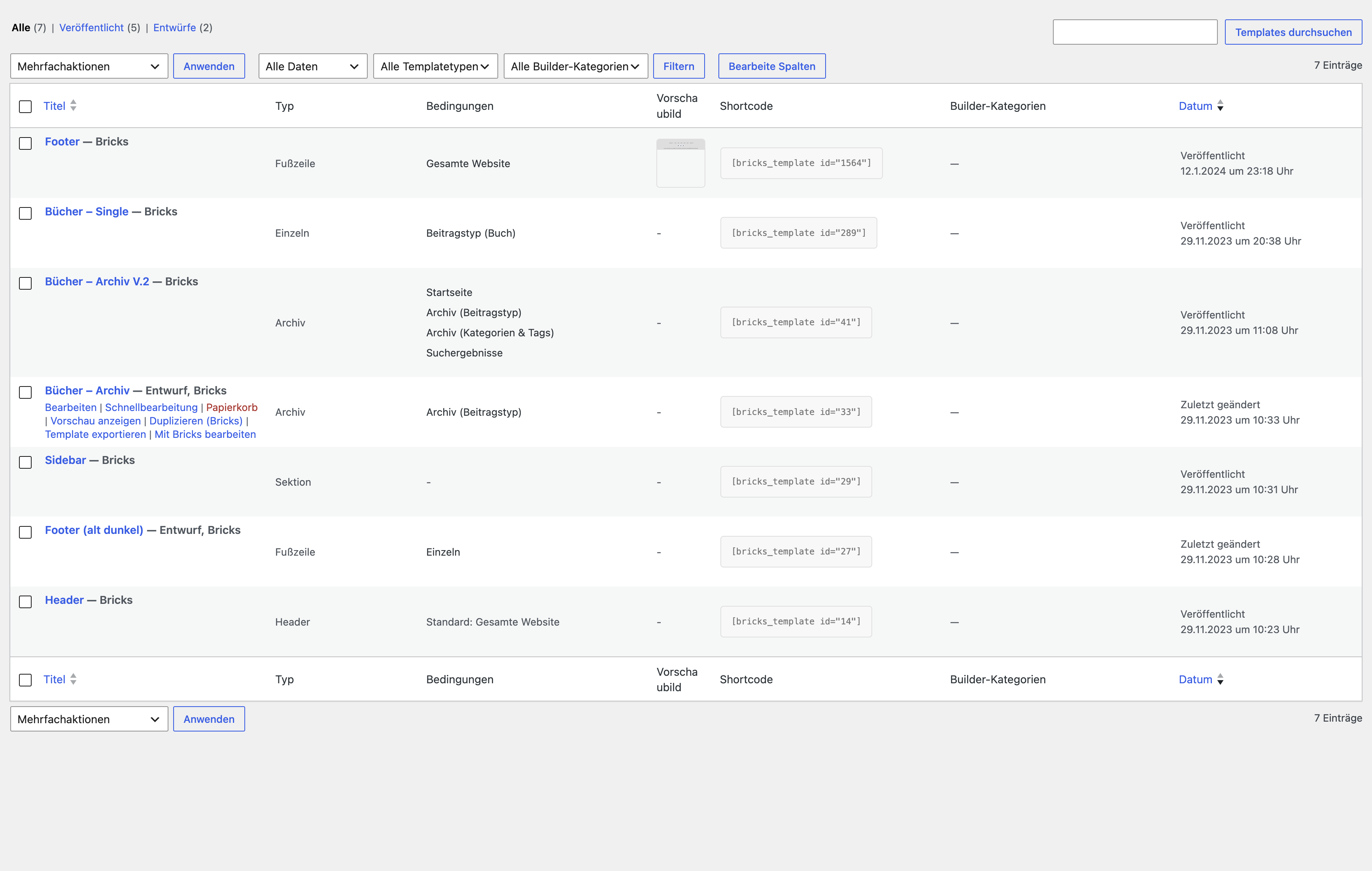 Bricks template list with the Builder Categories column and filter
