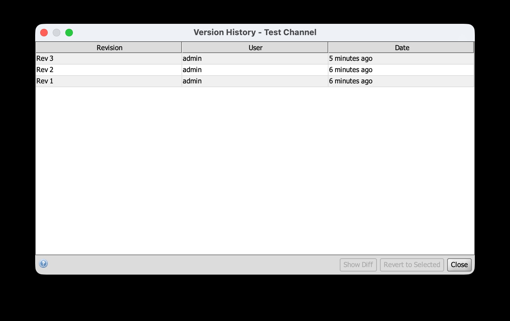 History dialog showing revision table