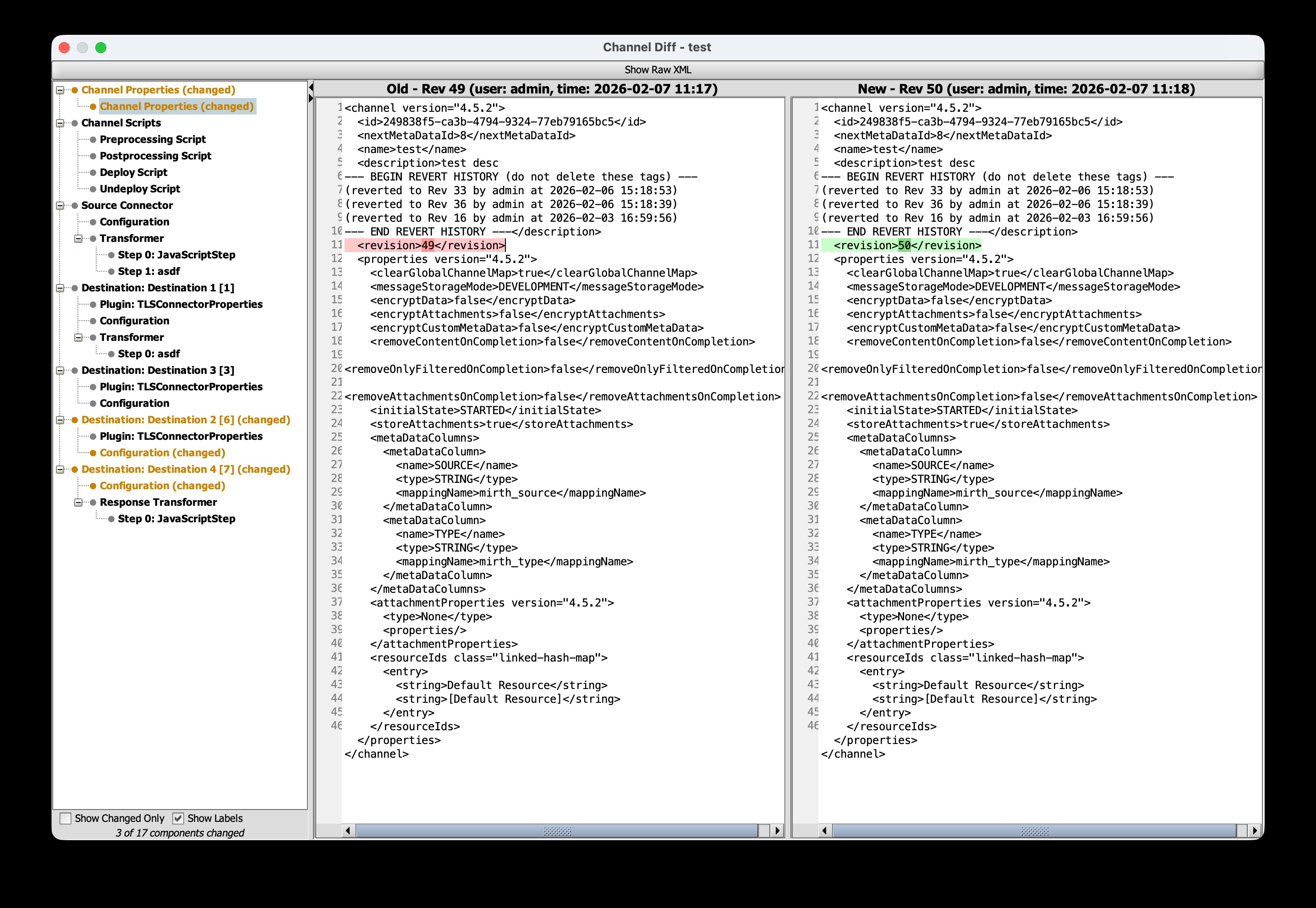 Decomposed component diff view with tree navigation and side-by-side comparison
