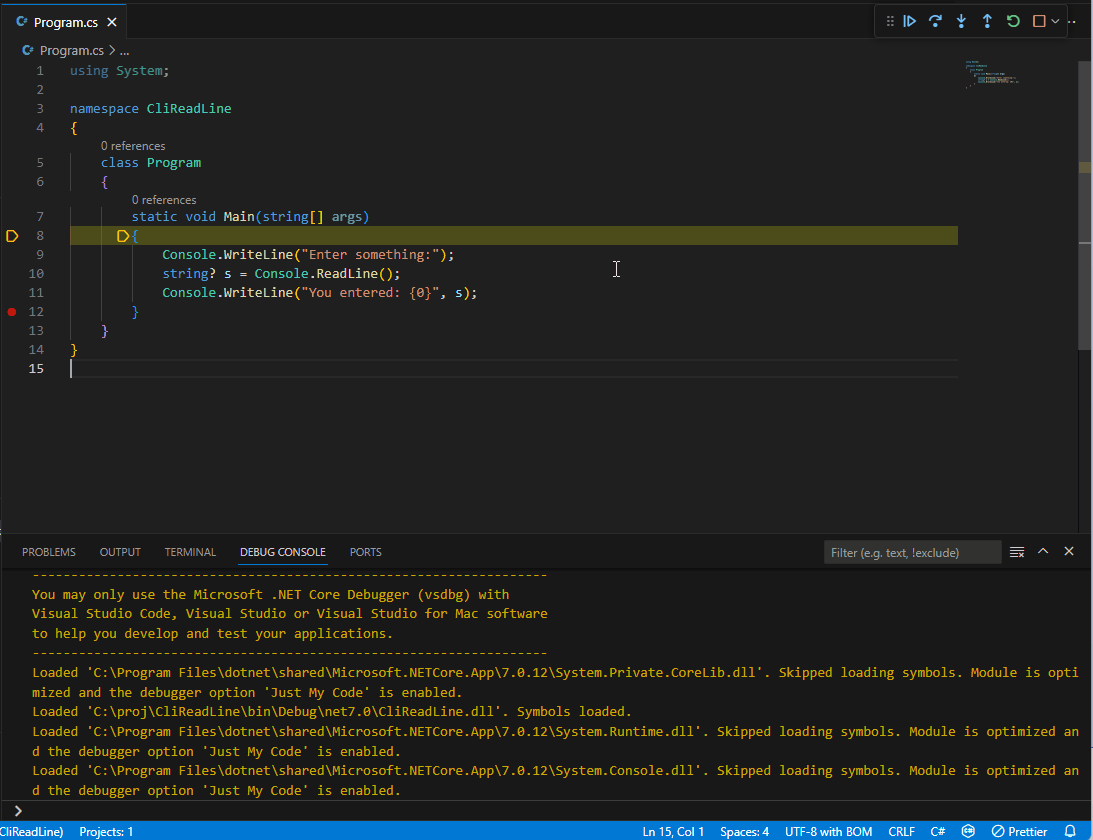 Example of inputting text to the Console to be set to the target process's standard input