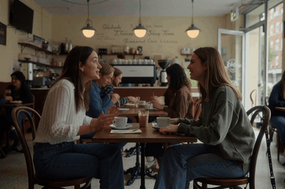 Two friends talk and laugh at a cafe table