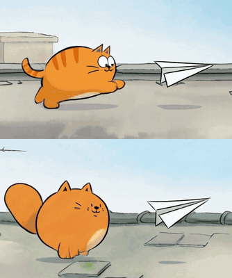A hand-drawn orange cat chases a paper airplane and ends up wearing a flower pot, two formats stacked