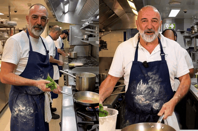 A chef talks in Italian and tosses basil into a pan, the same scene in two formats side by side