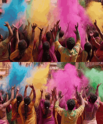 A crowd throws clouds of colored powder at a Holi festival, two formats stacked