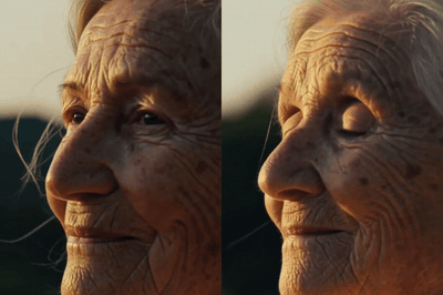 An elderly woman turns toward the camera and smiles, the same scene in two formats side by side